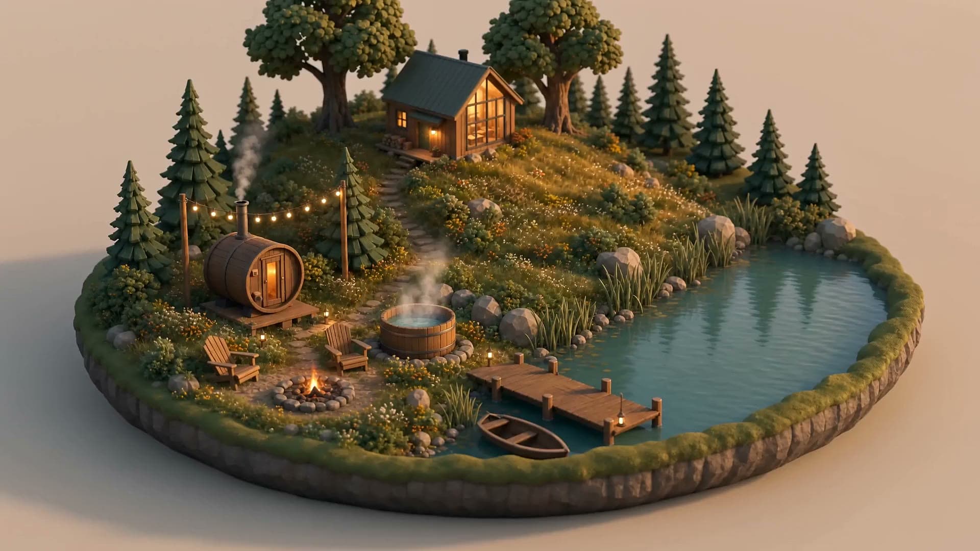 Diorama życia nad kaszubskim jeziorem — pomost, sauna i dom wśród drzew